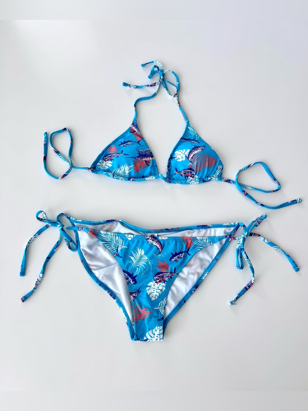 Scales Swim Blue Tropical Marlin Fish Tie-Side Bikini Set, size M/L